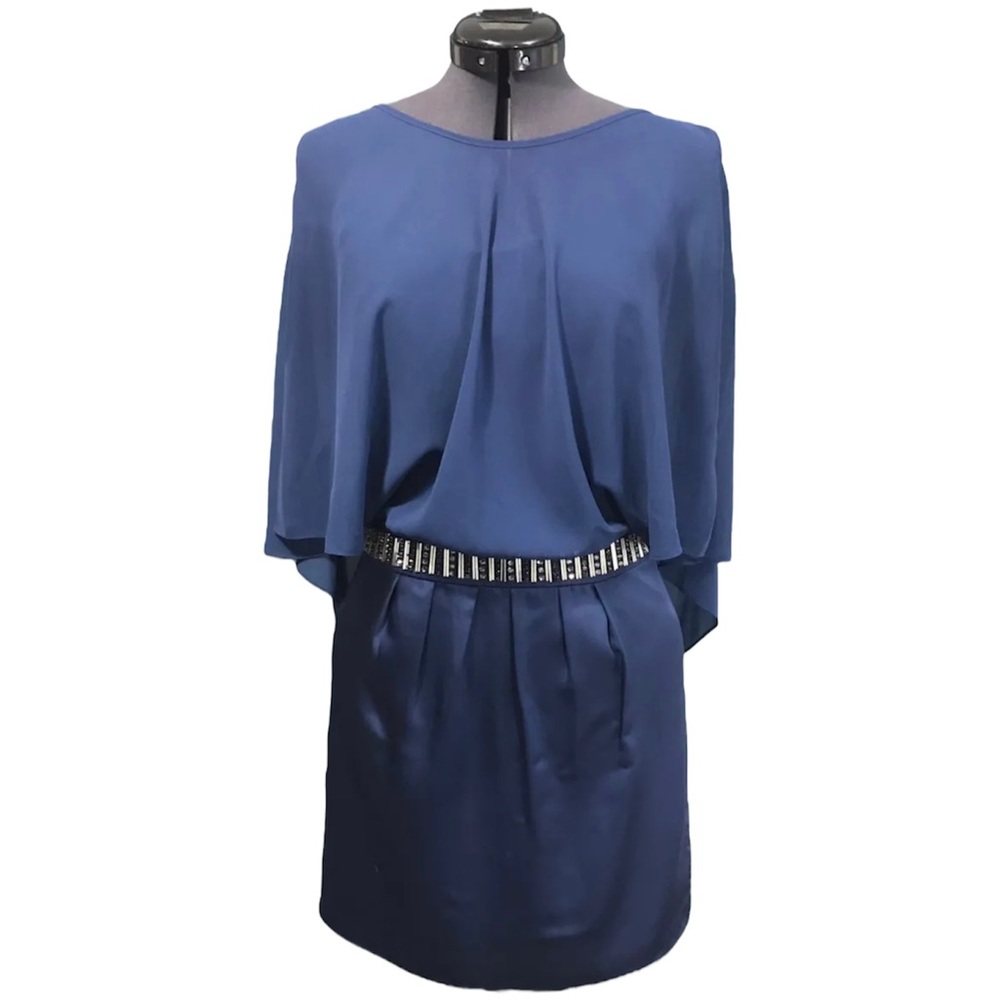 LAUNDRY By Shelli Segal Dress Rhinestones Chiffon Party Cocktail Navy Blue 2 XS